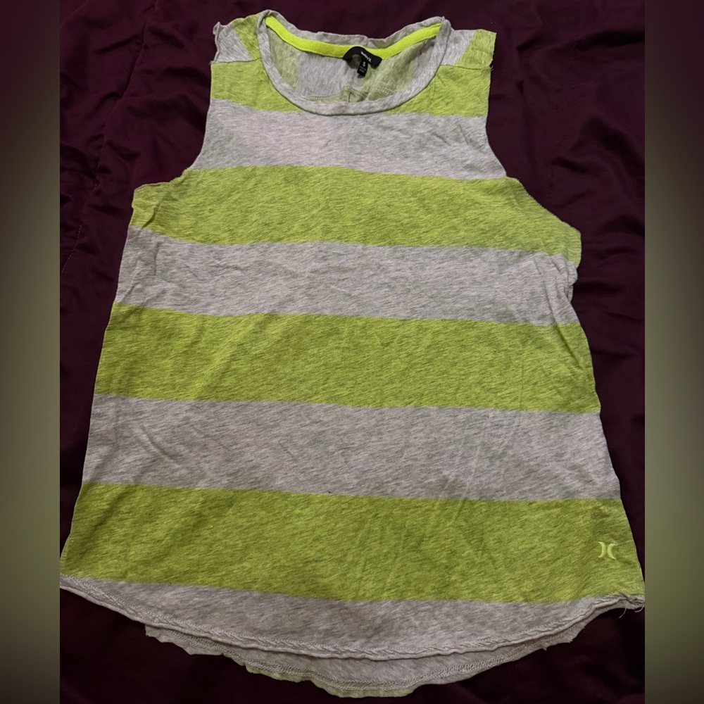 Hurley Lime Green and Light Gray Striped Tank Top